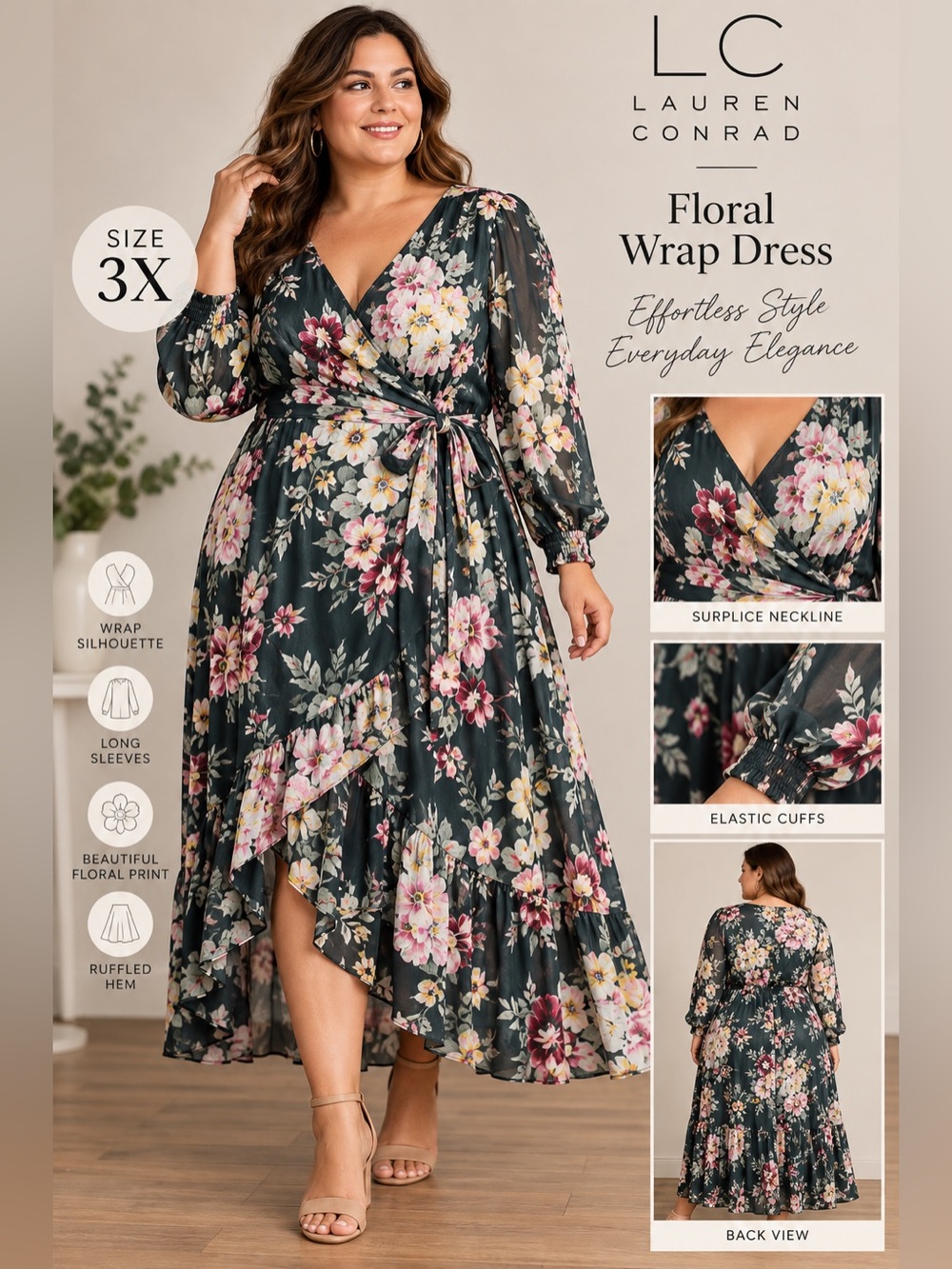 LC LAUREN CONRAD FLORAL TRUE WRAP DRESS • SIZE 3X